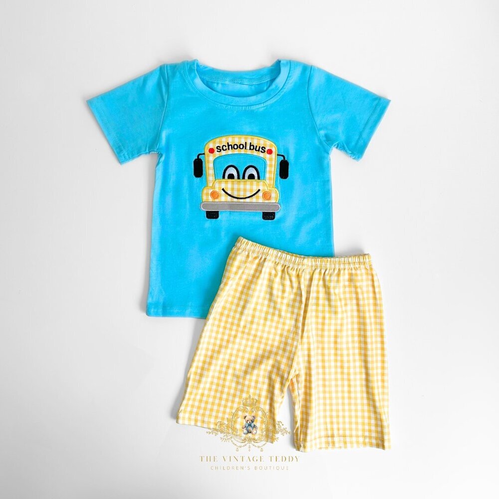 NWT Cute Boys T-shirt & Shorts Matching Set Embroidered Gingham School Bus 6-7Y